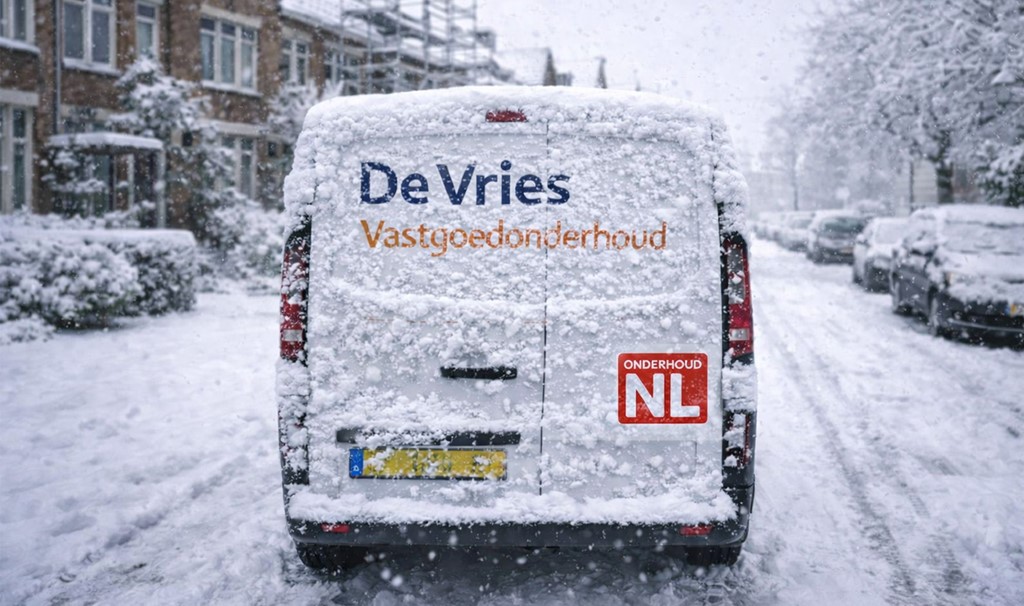 Werkbus schildersbedrijf in de sneeuw-AI-OnderhoudNL-onwerkbaar weer_1024x606